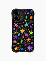 Midnight Star Confetti: Many neon stars and firework shapes repeat across a black field.