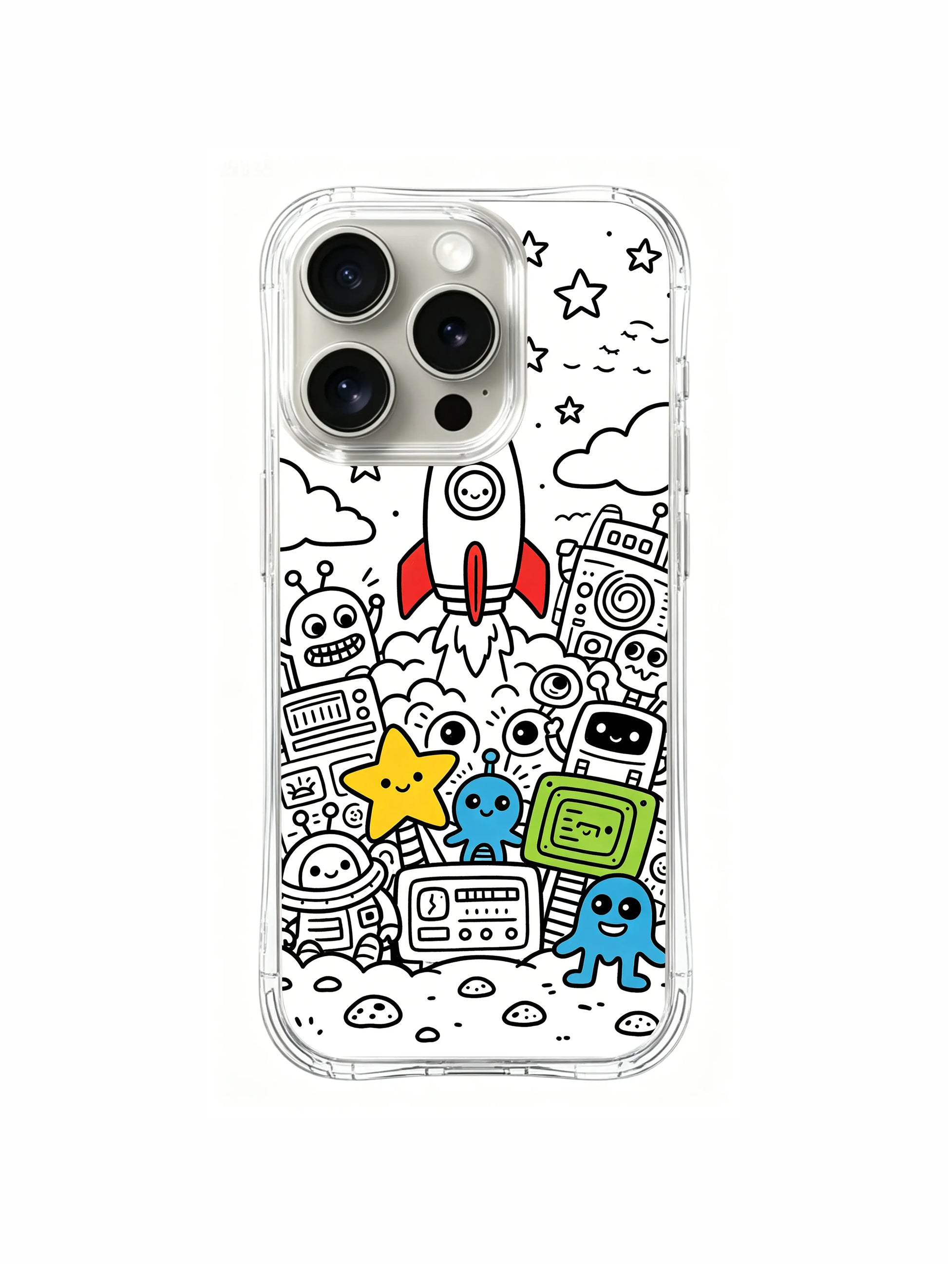  Cheerful late-night rocket launch hand-drawn doodle iPhone 15 pro Case, eco ink printed phone casing, popular holiday gift-style phone cover from PhoneCasing.