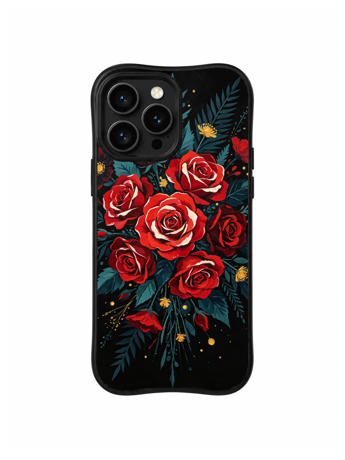 Crimson Rose Offering: Kızıl güller siyah zeminde turkuaz yapraklar ve küçük altın renkli ayrıntılarla kümelenir.