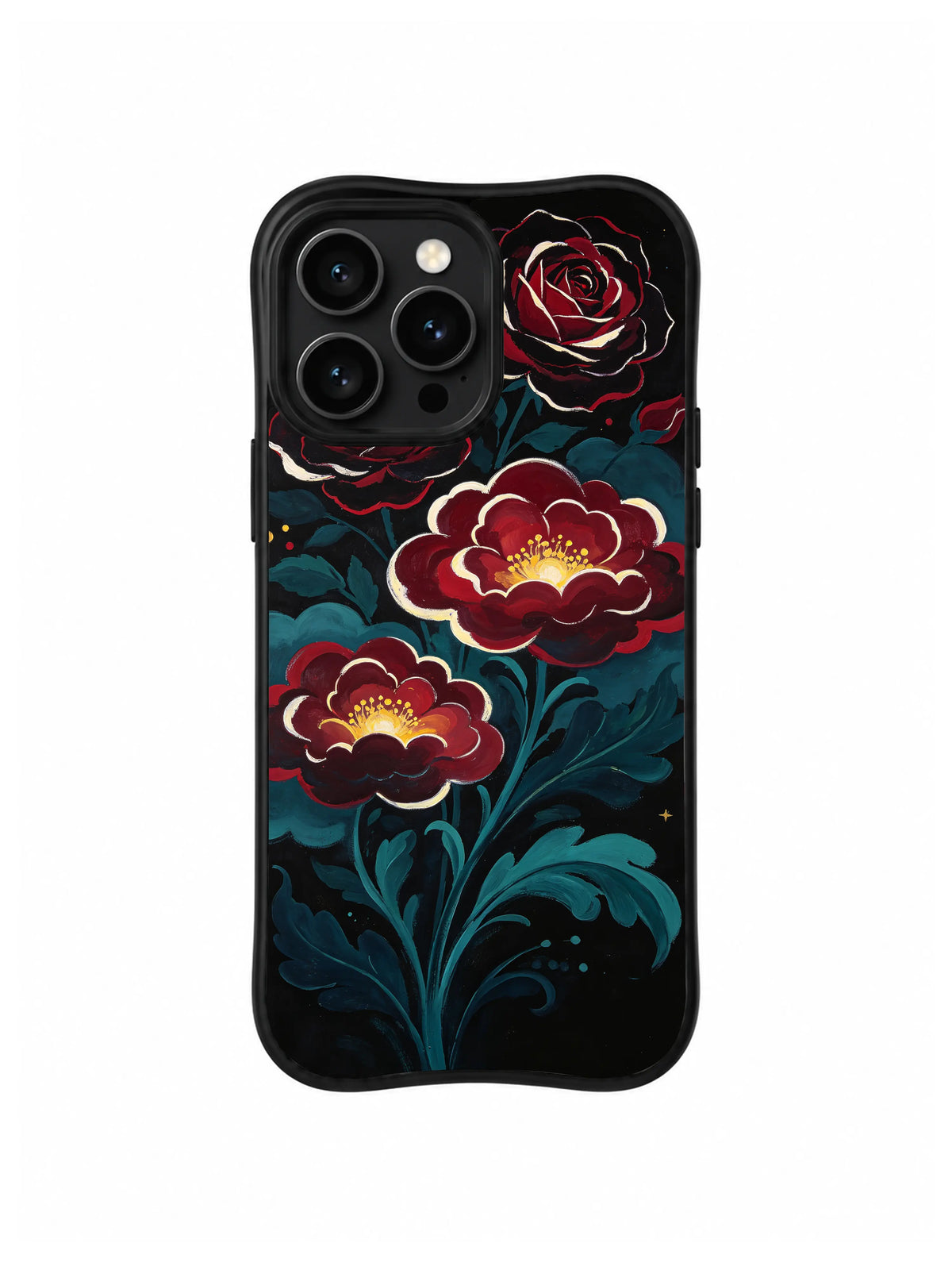 Midnight Peony Rite: Koyu kırmızı şakayık benzeri çiçekler kıvrılan turkuaz yaprakların arasından yükselir.
