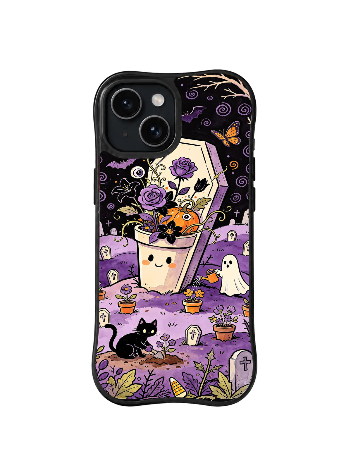 Midnight Rose Coffin iPhone 13 case with violet flowers, bats, ghost and black cat