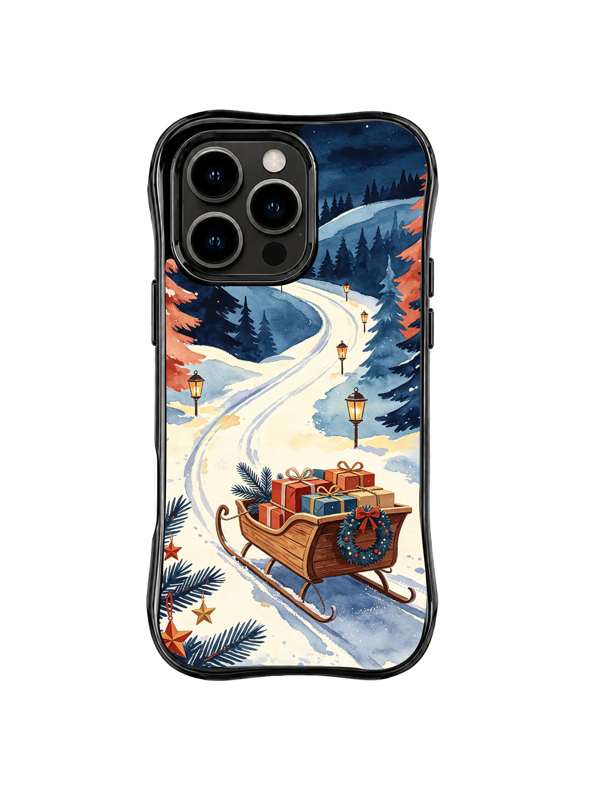 Midnight Sleigh Crossing iPhone 16 Pro case with lantern path, wooden sleigh and gifts