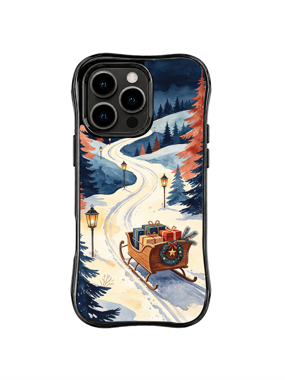 Celestial Christmas iPhone 16 Pro case with moonlit S-curve snow path and sleigh