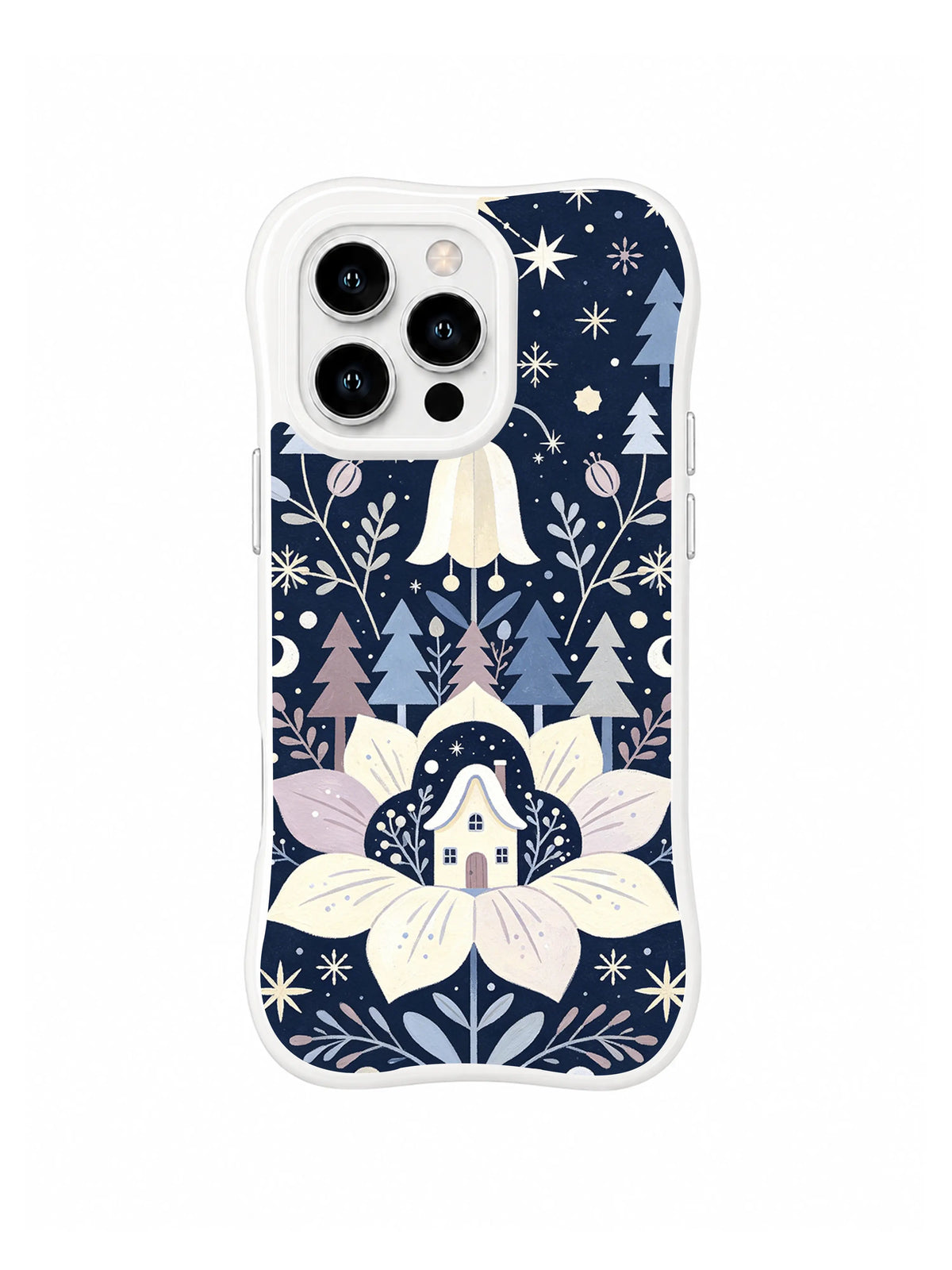 Ivory storybook cottage nested inside an oversized snowbell flower with stars and fir trees on navy iPhone 13 Pro case