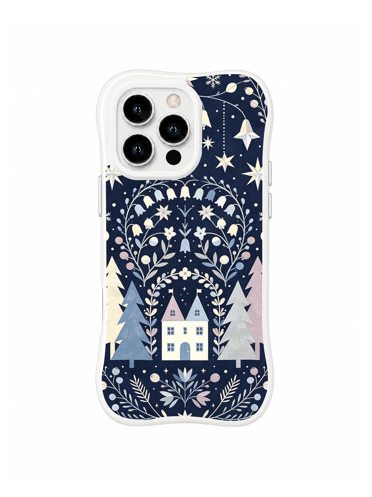 Blue cottage beneath nested botanical arches moons stars and snowbell flowers on midnight navy iPhone 13 Pro case