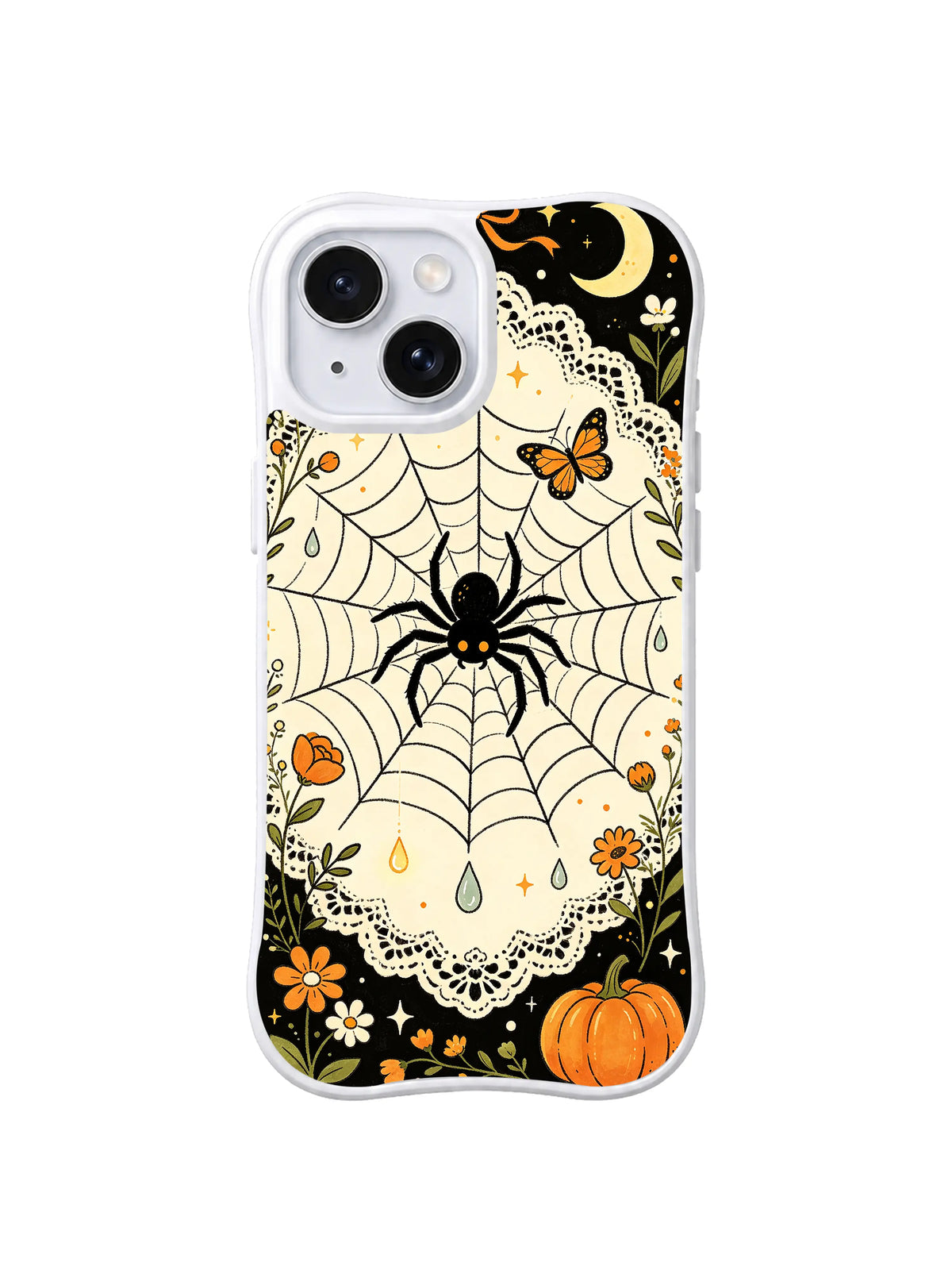 Midnight Spider Lace Arch pattern on a white iPhone 14 case