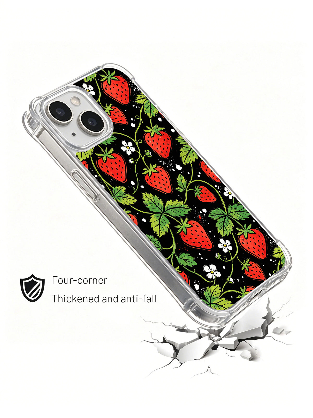 Midnight Strawberry Field: angled case above an illustrated cracked surface.