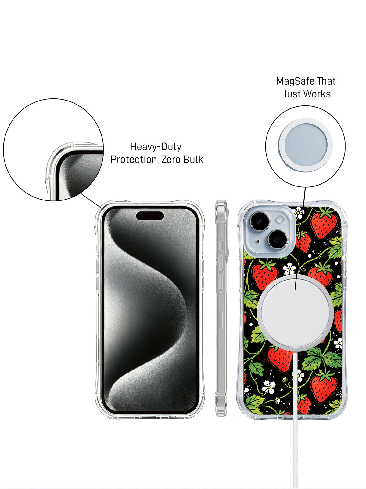 Midnight Strawberry Field: front and back presentation with a circular charging accessory.