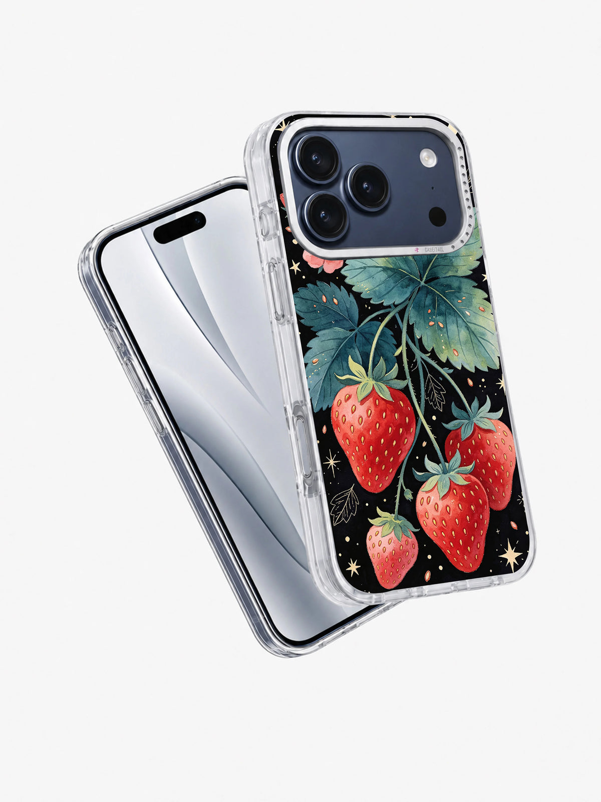 Midnight Strawberry Moon iPhone case shown from an angled front and back view