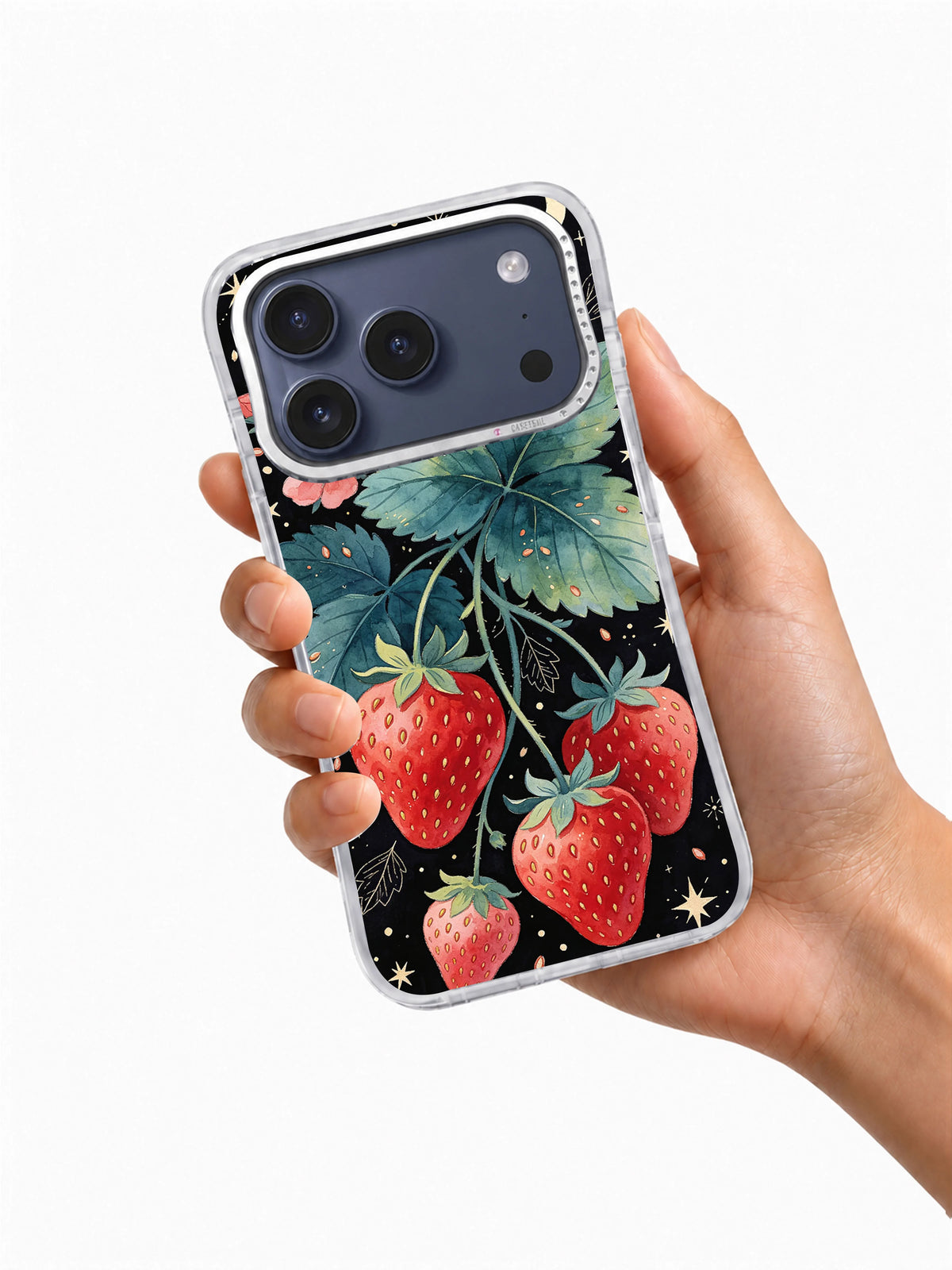 Midnight Strawberry Moon iPhone case held in one hand