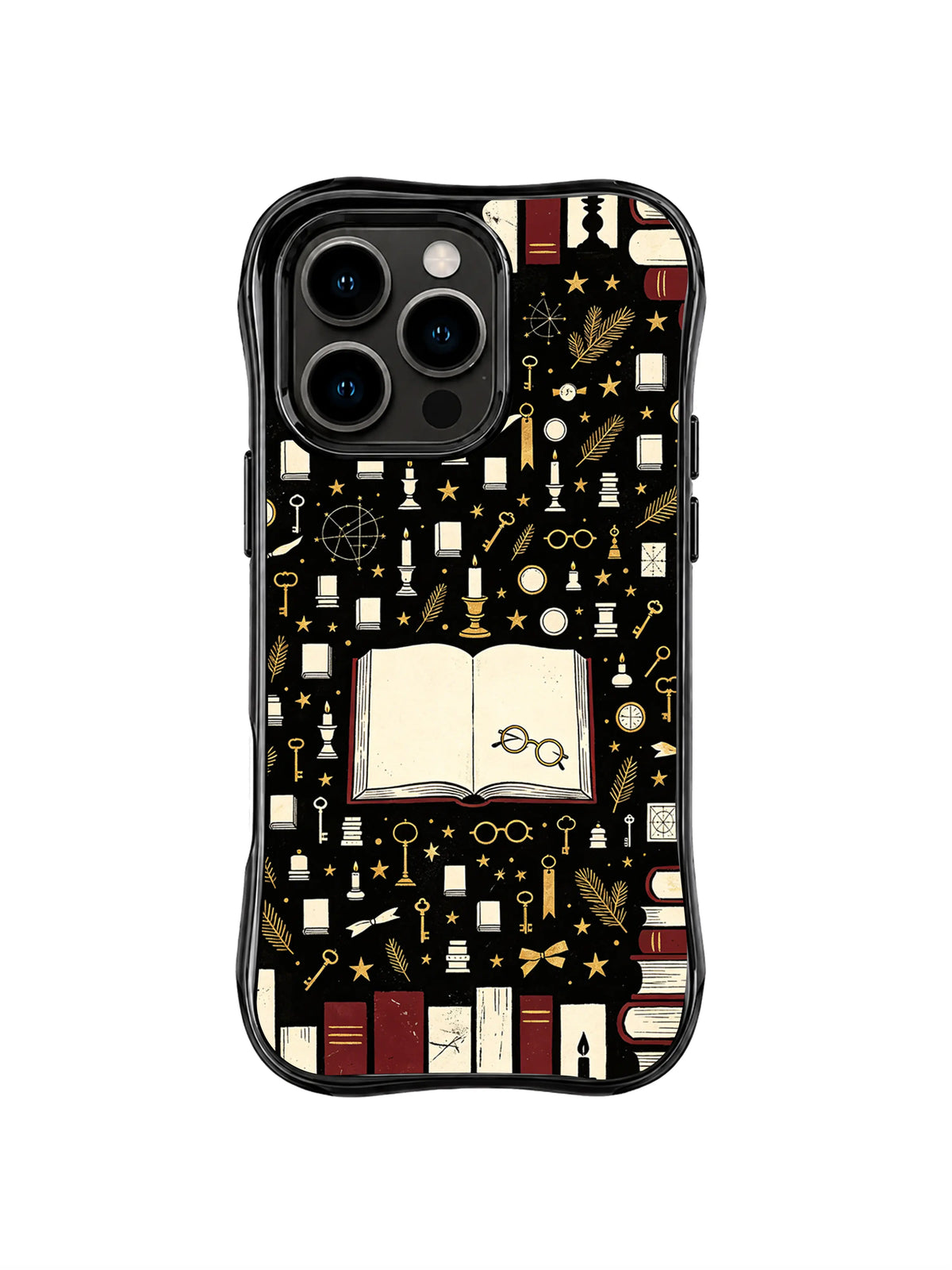 Midnight Study Object Repeat pattern on a black iPhone 14 Pro case with a blank open book, keys, candles, spectacles, stars and burgundy book-spine borders