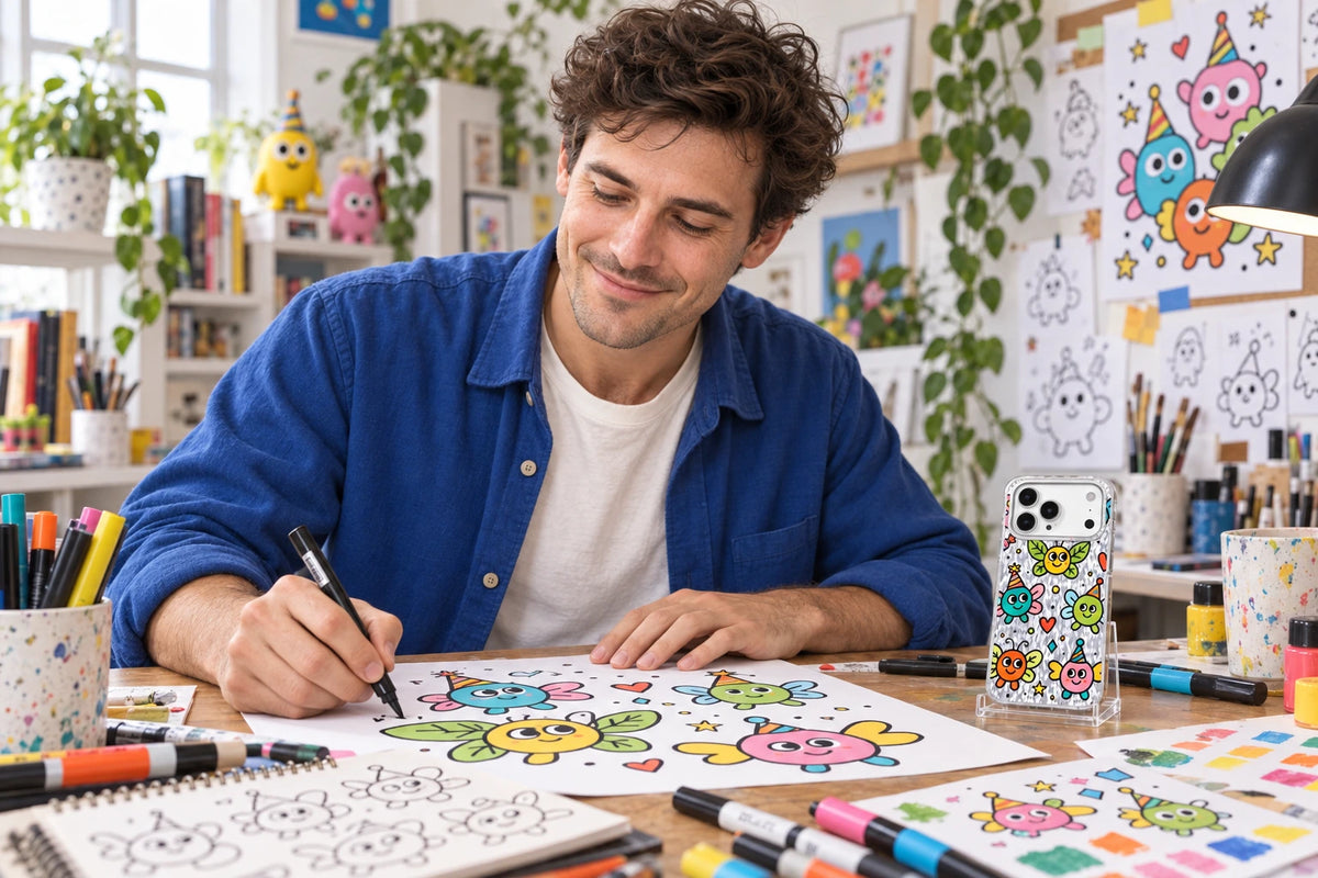 Virtual artist Milo Popkins working on original phone-case illustrations, with a matching finished case displayed separately on the studio desk