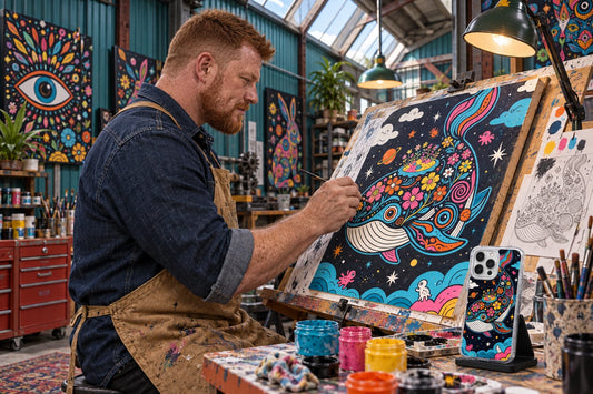 AI visualization of Milo Varen creating phone-case illustrations, with a finished iPhone 15 Pro Max case displayed on a studio stand