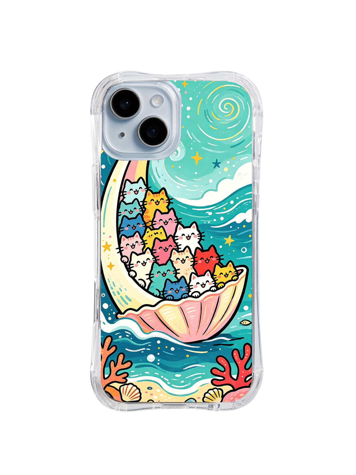 Seashell Cat Voyage coastal cat pattern for iPhone 15 case