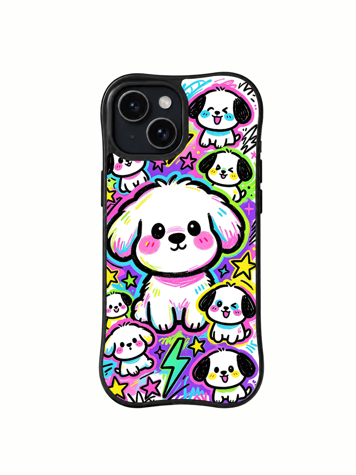 Neon Puppy Party iPhone 15 case artwork view 1