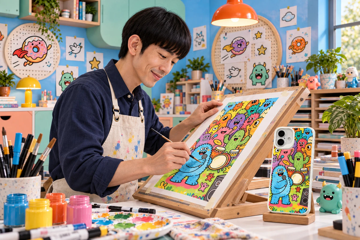 AI visualization of Milo Yun creating phone-case illustrations in a distinctive studio