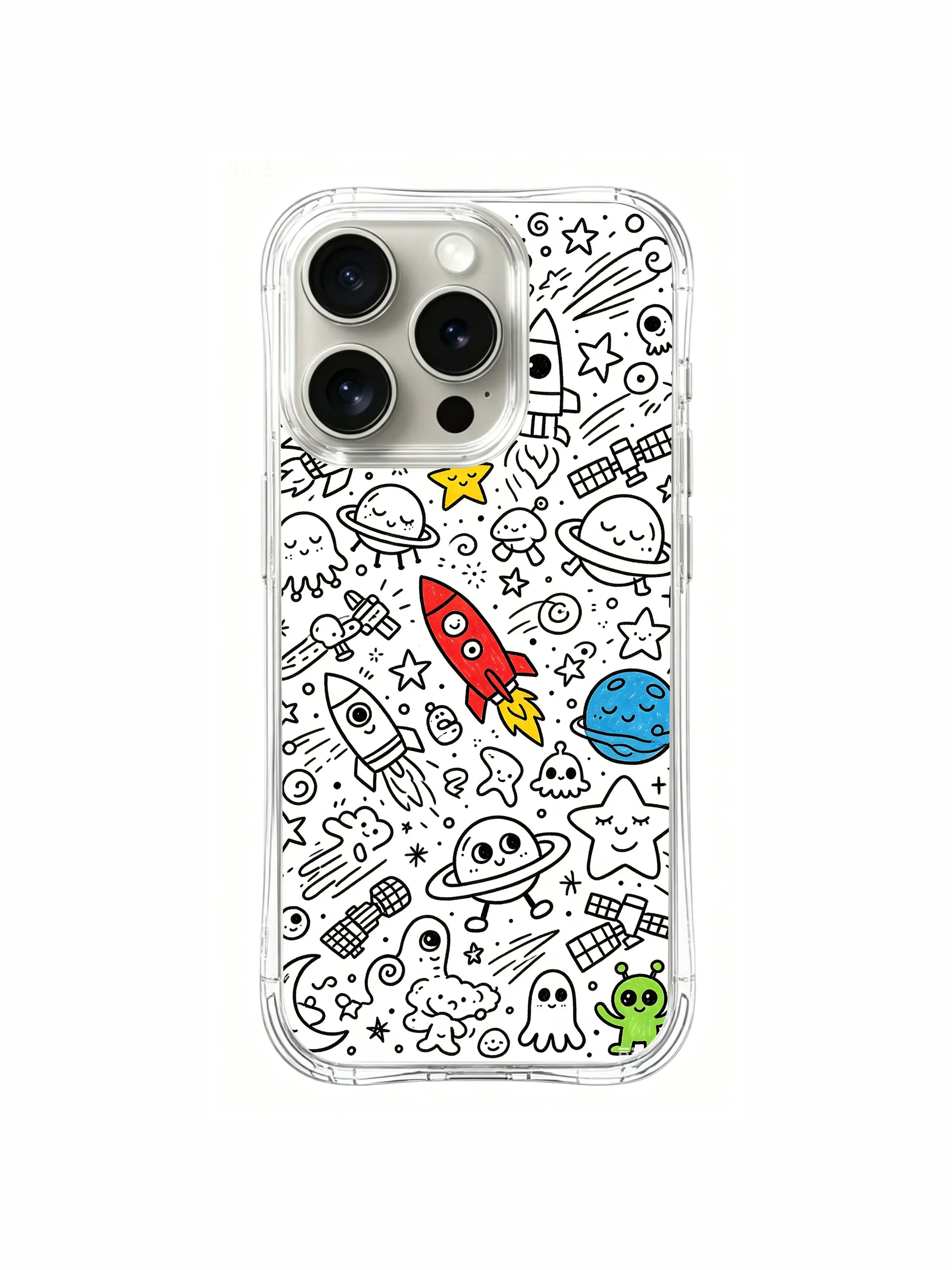 Tiny ghost aliens mixed with walking planets artwork iPhone 15 pro Case, flexible clear phone casing, unique hand-drawn design phone cover made by PhoneCasing.