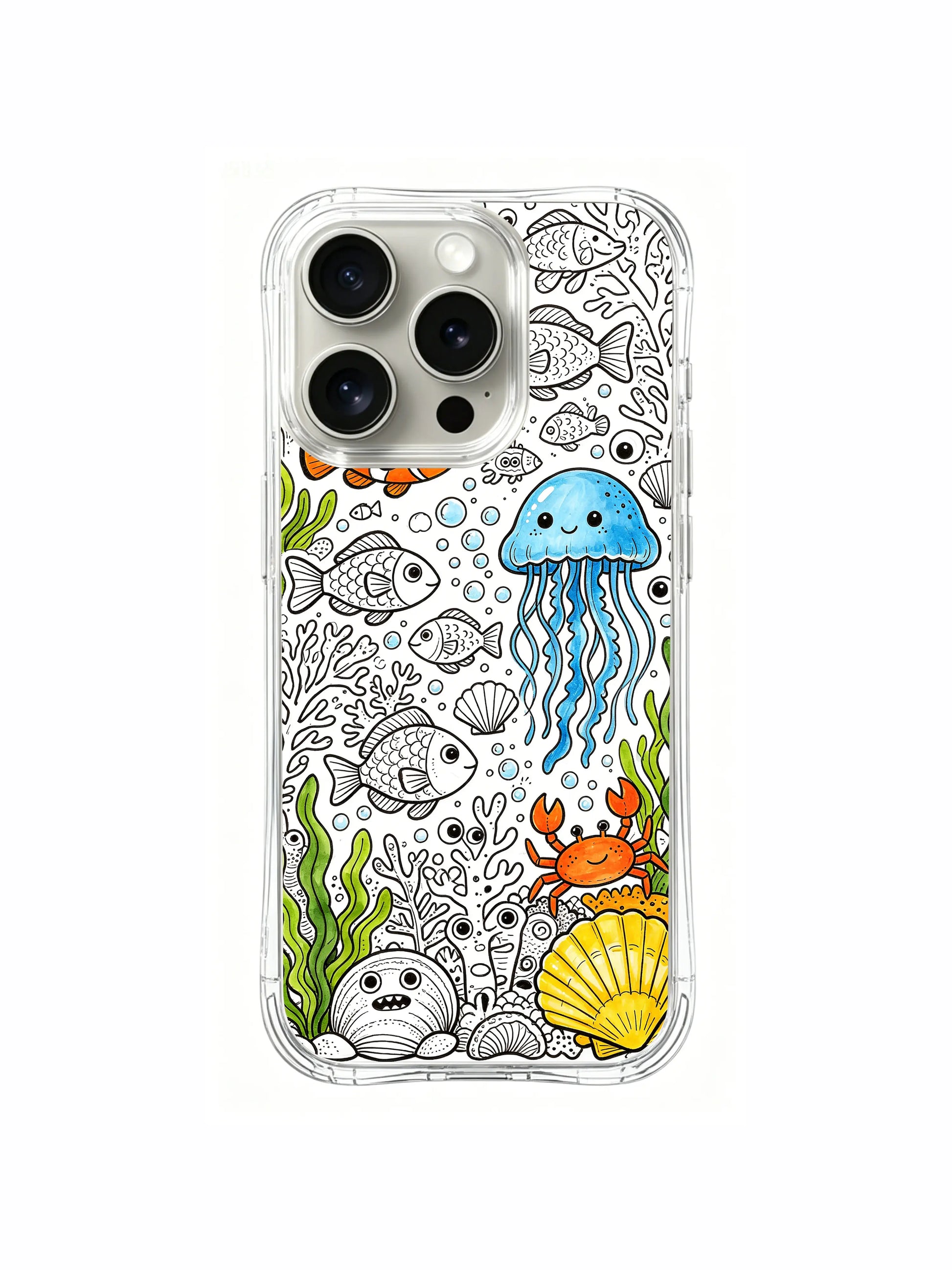 Tiny ghost-style sea monsters mixed with tropical fish artwork iPhone 15 pro Case, flexible clear phone casing, unique hand-drawn design phone cover crafted by PhoneCasing.