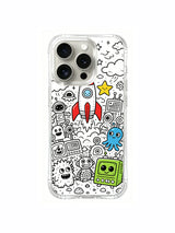 Tiny moon and star side characters mixed with main rocket launch artwork iPhone 15 pro Case, flexible clear phone casing, unique hand-drawn design phone cover made by PhoneCasing.