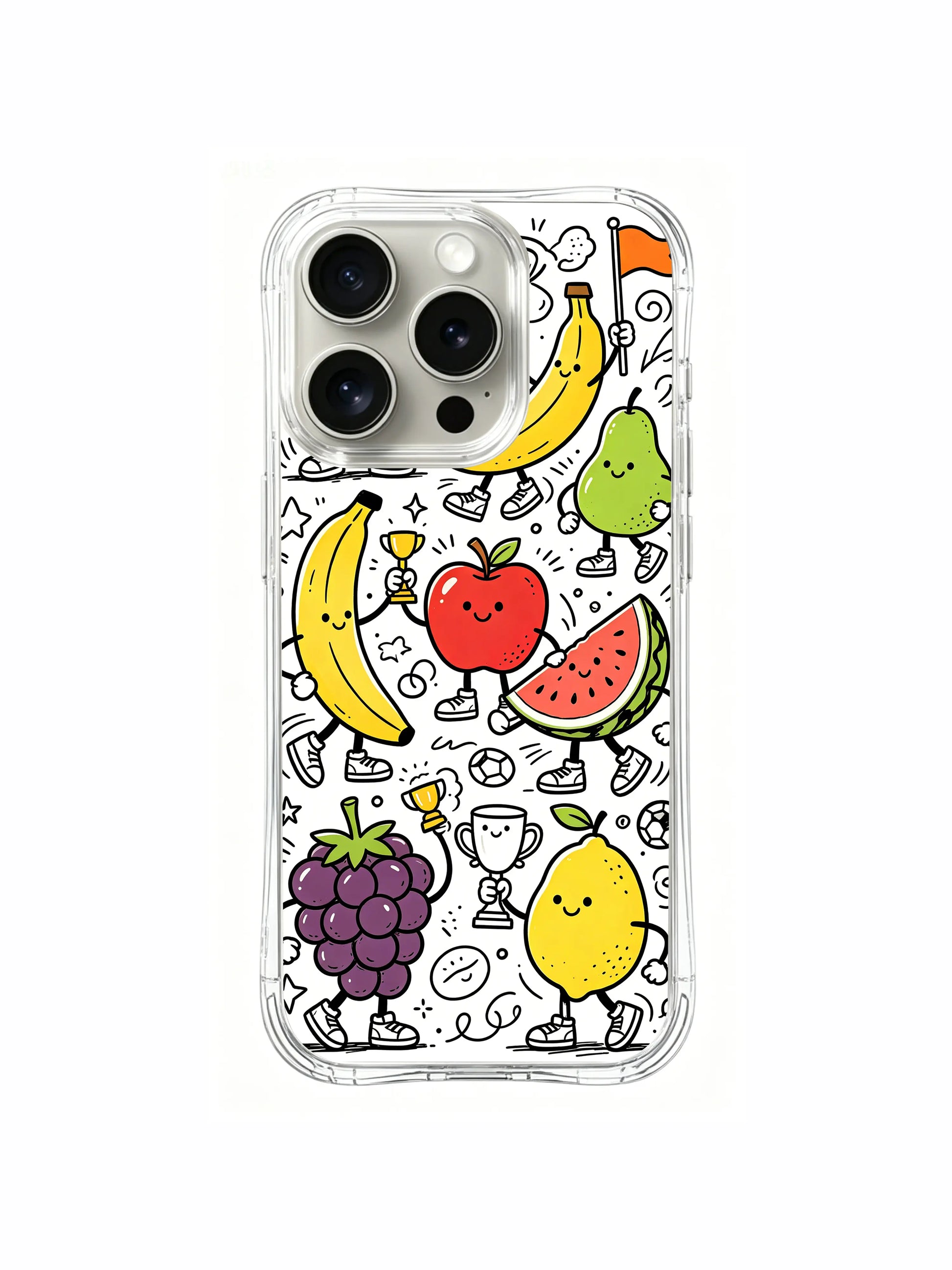 Tiny pineapple snacking side characters mixed with main fruit athletes artwork iPhone 16 pro Case, flexible clear phone casing, unique hand-drawn design phone cover made by PhoneCasing.