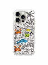 Tiny shell and fish side characters mixed with main island creatures artwork iPhone 15 pro Case, flexible clear phone casing, unique hand-drawn design phone cover made by PhoneCasing.
