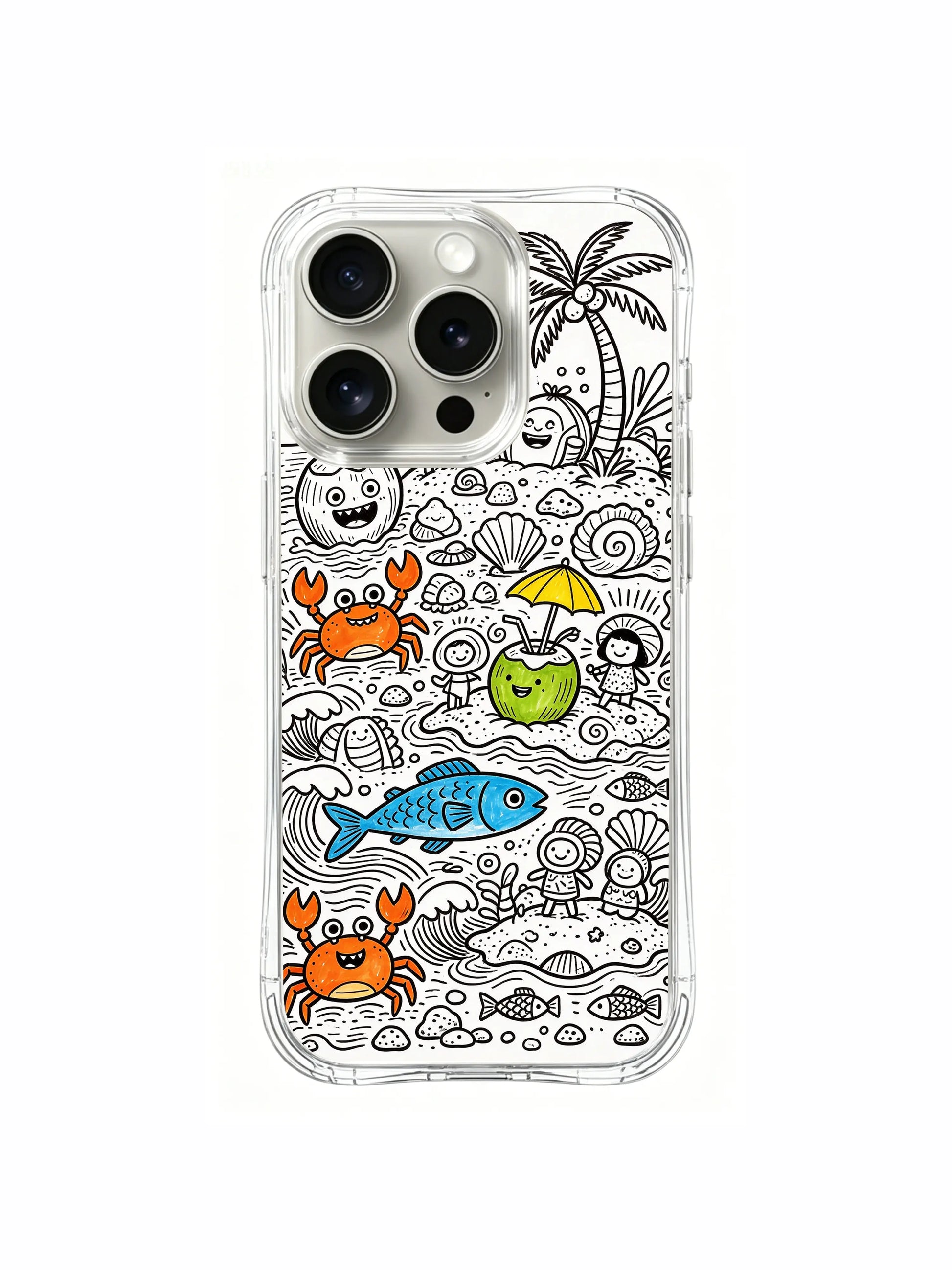Tiny shell and fish side characters mixed with main island creatures artwork iPhone 15 pro Case, flexible clear phone casing, unique hand-drawn design phone cover made by PhoneCasing.