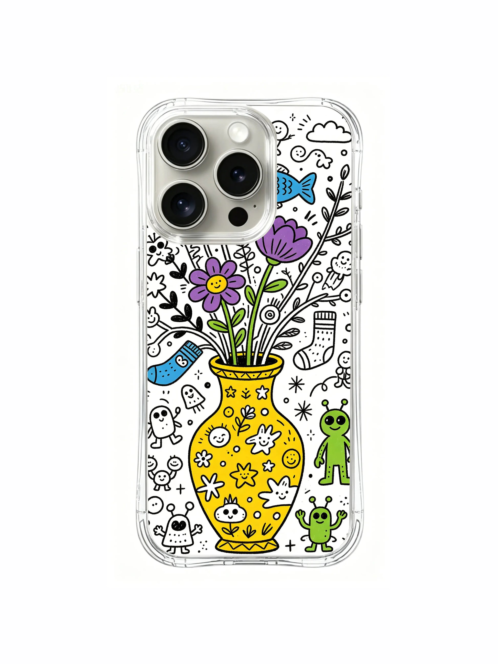 Tiny sock and fish side characters mixed with main vase artwork iPhone 15 pro Case, flexible clear phone casing, unique hand-drawn design phone cover made by PhoneCasing.