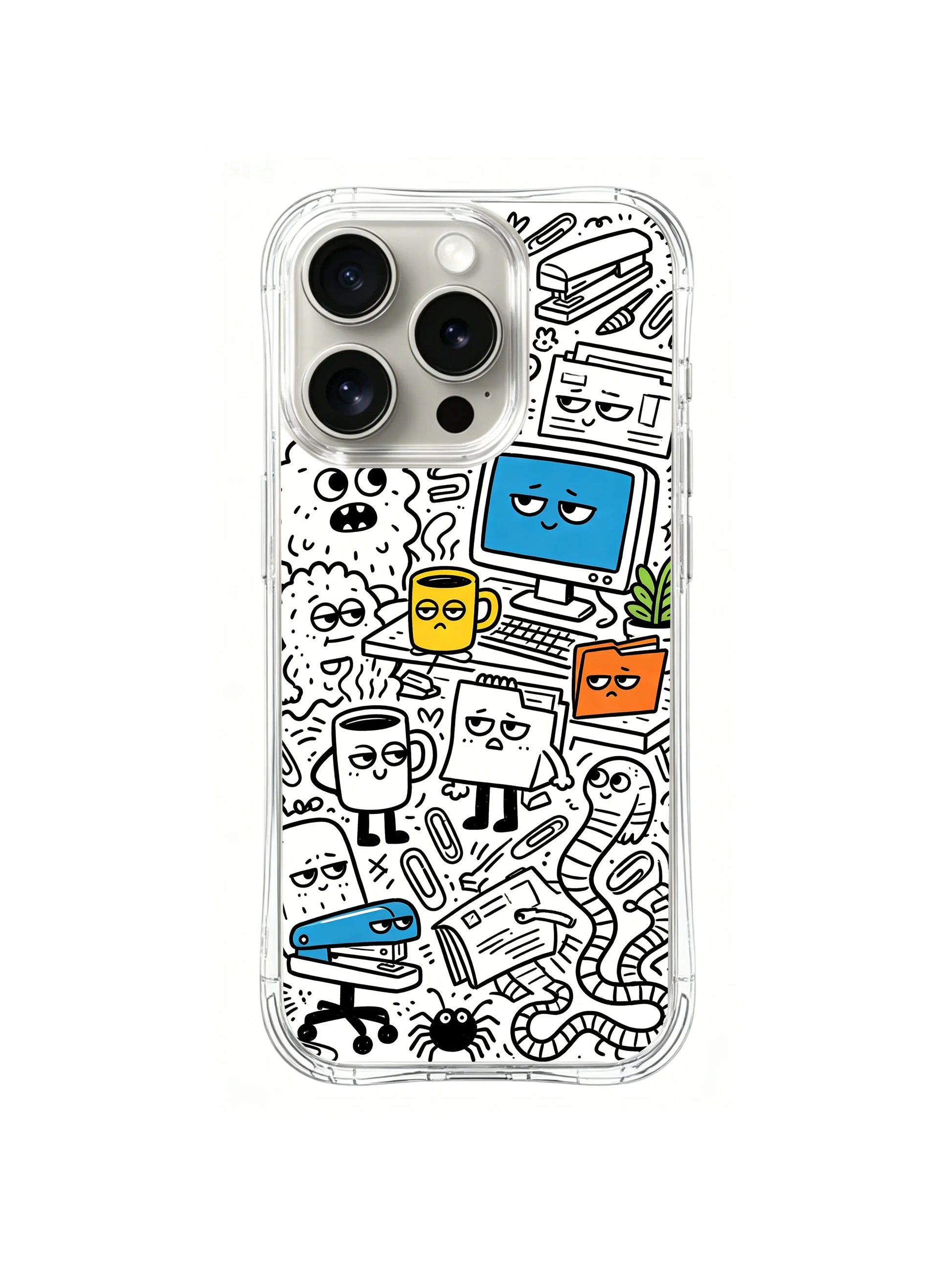 Tiny worm and spider side characters mixed with office monster artwork iPhone 15 pro Case, flexible clear phone casing, unique hand-drawn design phone cover made by PhoneCasing.