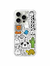 Turtle, fish and monster zoo characters artwork on an iPhone 15 Pro case