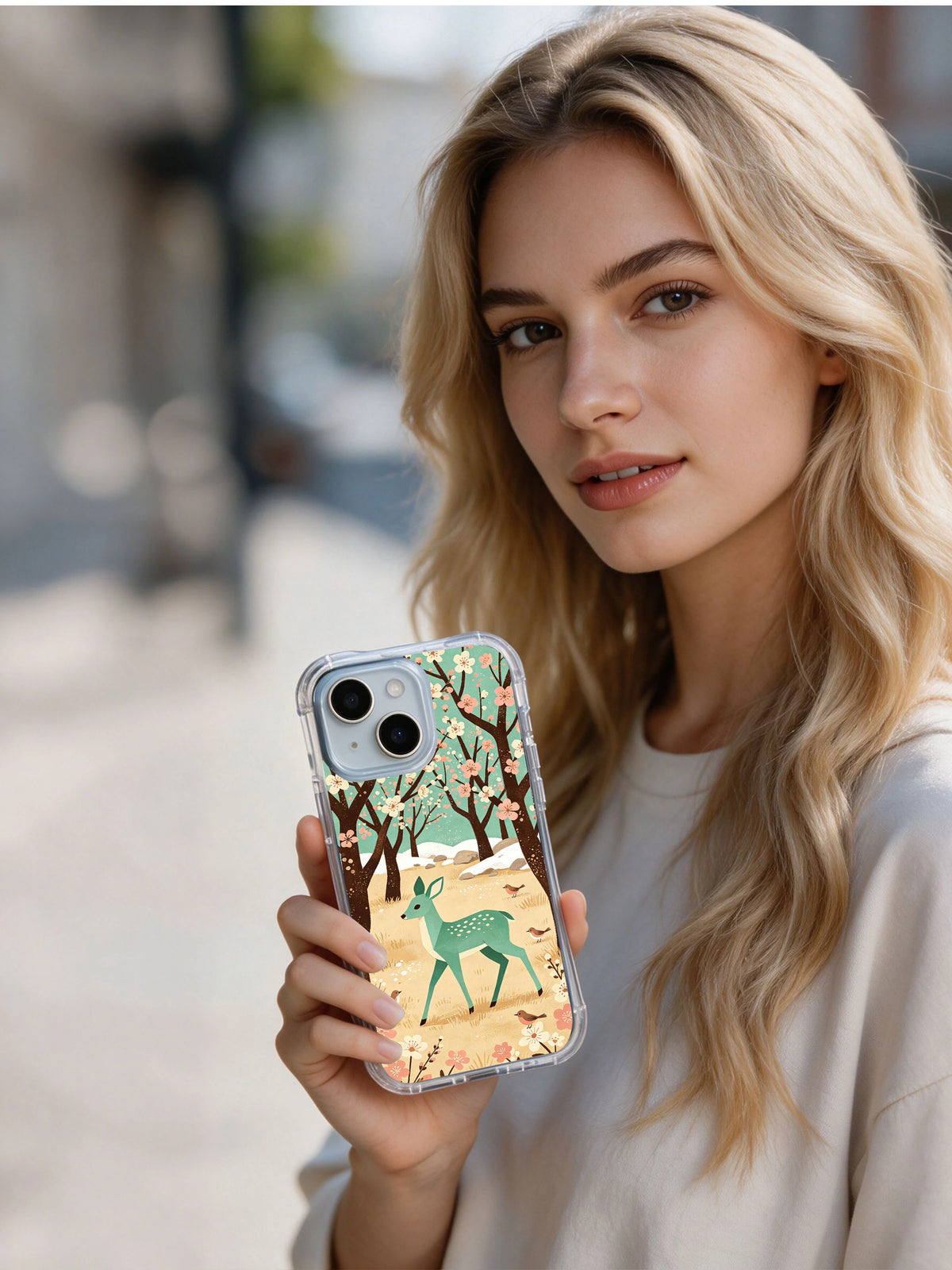 Mint Deer Blossom iPhone 13 case shown in a lifestyle portrait