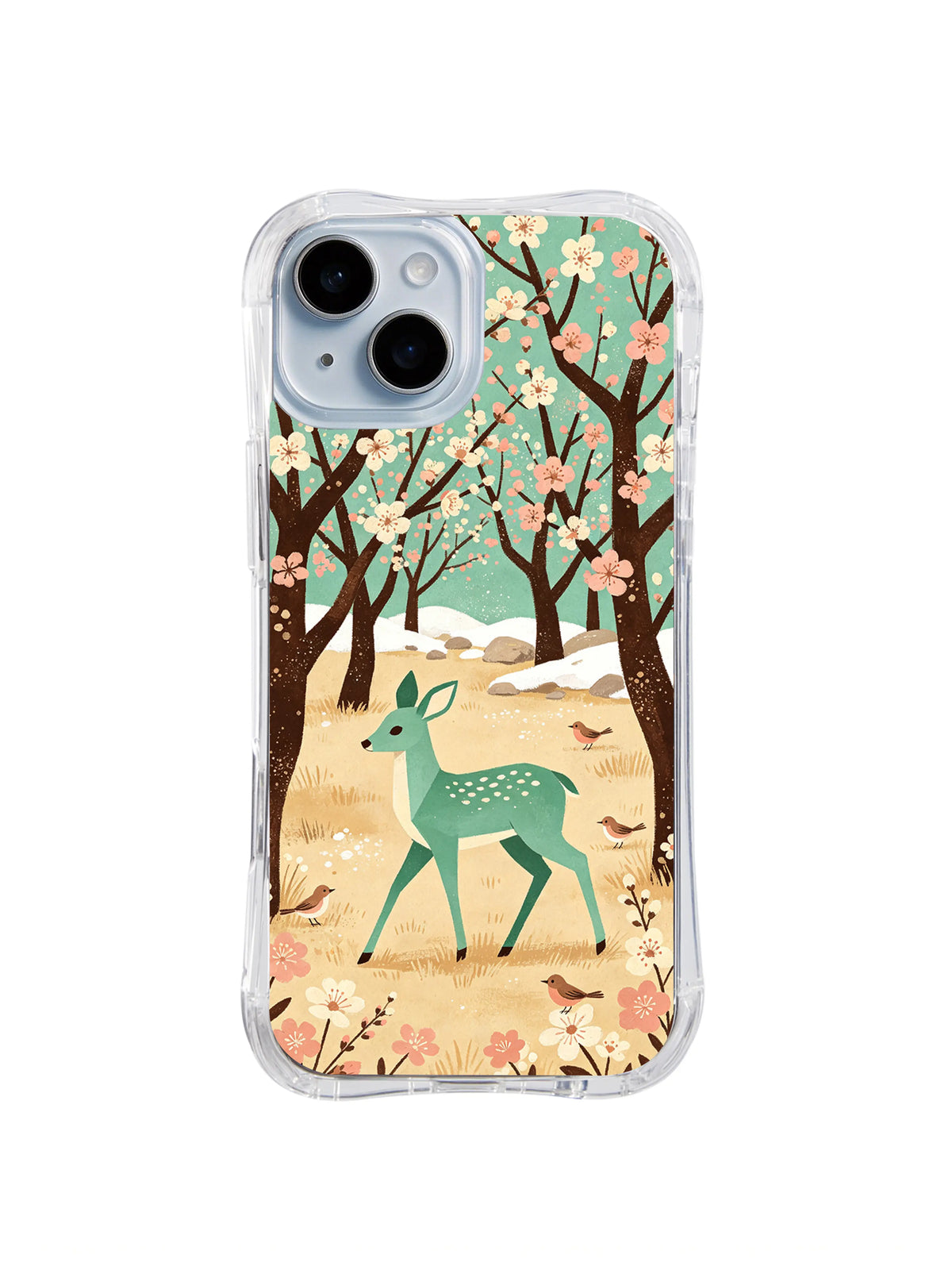 Transparent iPhone 13 case with mint-green deer, blossom trees and warm beige meadow folk art pattern 1