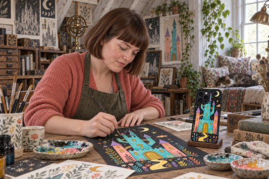AI studio visualization of Mira Moonvale creating phone-case artwork, with a finished case on a stand