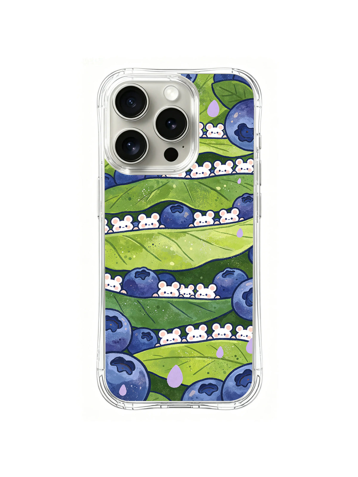 Leaf Umbrella Mouse Rows: Rows of tiny white mice shelter beneath green leaves between blue berries and raindrops.