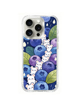 Blueberry Rain Mouse Trail: Small white mice follow a narrow path through blueberries, leaves and large raindrops.