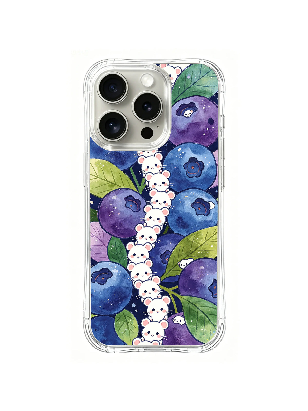 Violet Berry Mouse Parade: A long line of white mice passes through purple berries and layered green leaves.