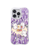 Lavender Cookie Picnic Friends: Two white rabbits share a picnic among rows of lavender flowers.