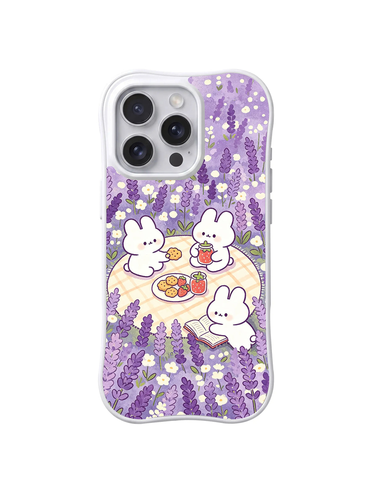 Lavender Cookie Picnic Friends: Two white rabbits share a picnic among rows of lavender flowers.