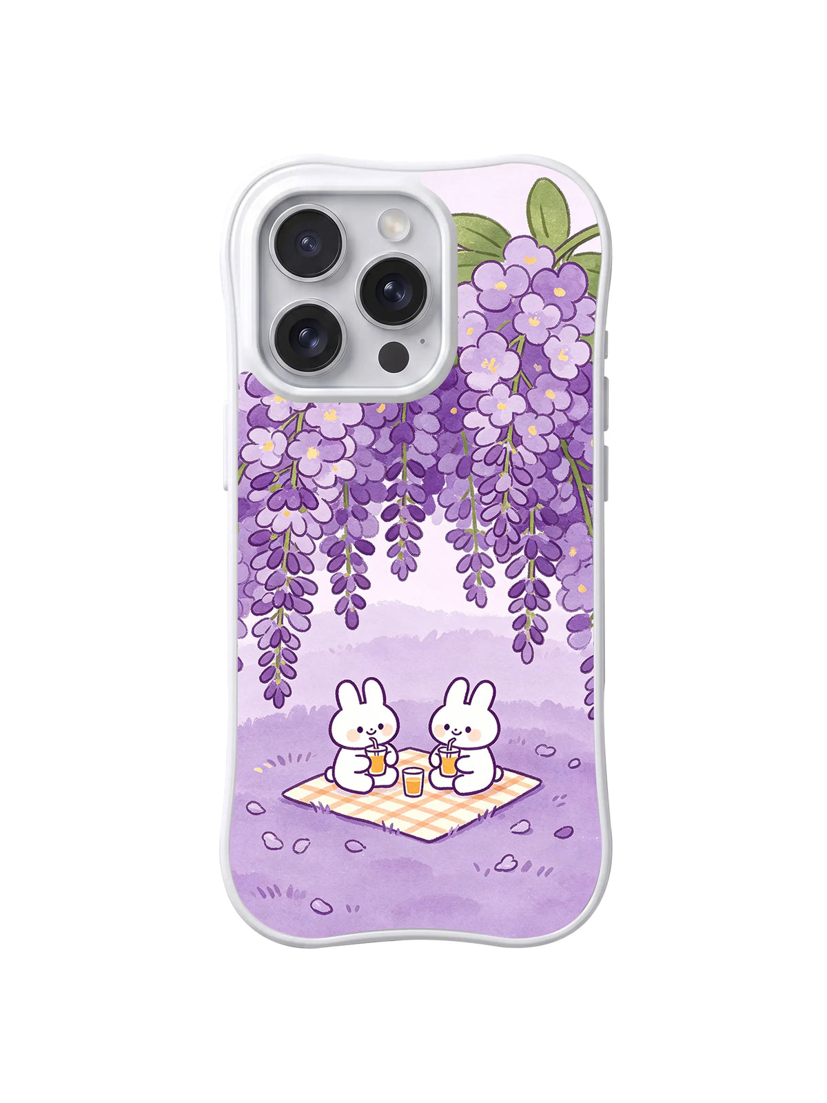 Wisteria Tea Picnic Pair: Two rabbits sit beneath hanging wisteria blossoms with tea and snacks.