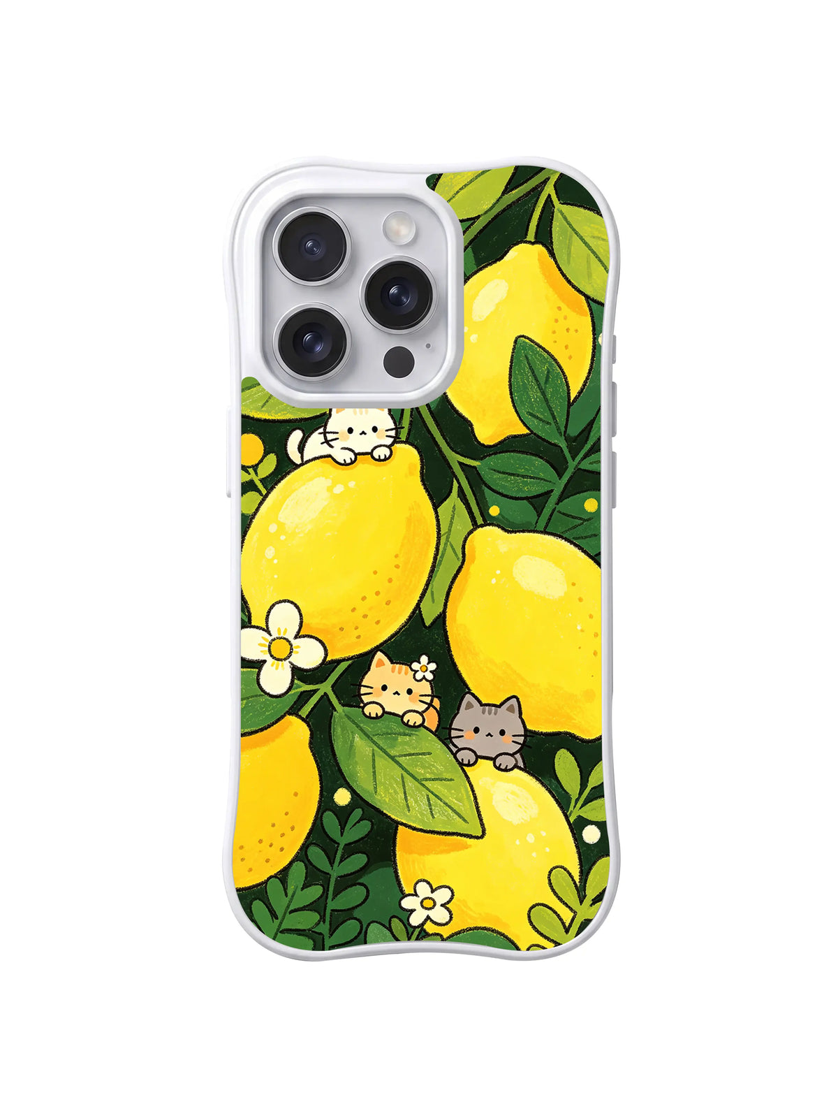 Sunlit Lemon Cat Garden: Minik kediler parlak sarı limonlar, beyaz çiçekler ve koyu yaprakların arasında saklanır.