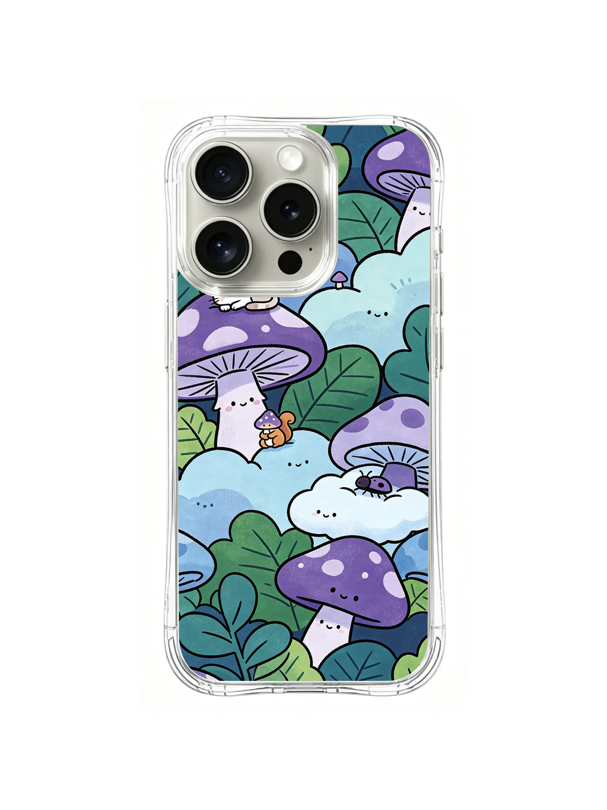 Cloudtop Mushroom Neighbors: Purple mushrooms and tiny animals nestle among blue cloud shapes and leaves.
