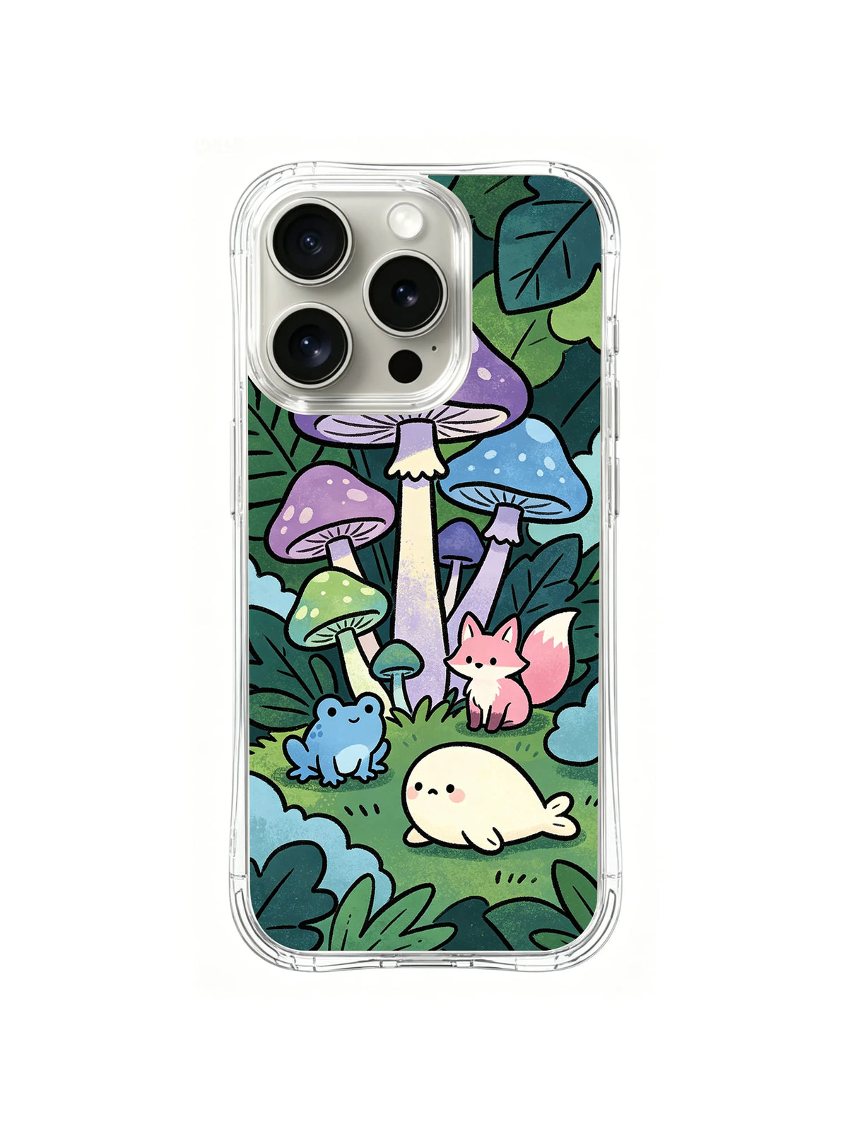Colorcap Woodland Circle: Colorful woodland friends gather beneath purple mushrooms and broad green leaves.