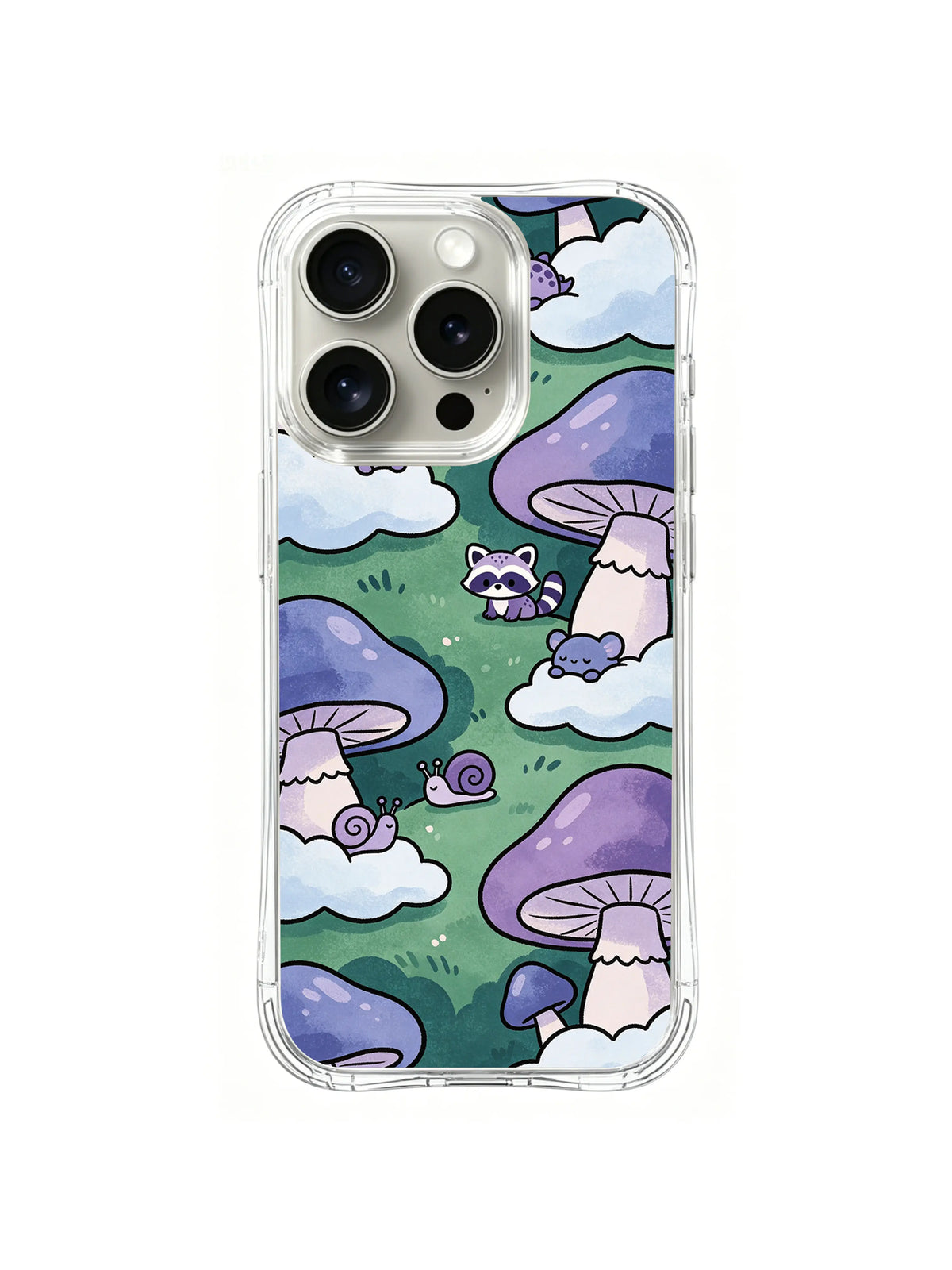 Lavender Cloud Trail Village: Small animals follow lavender clouds past tall purple mushrooms.