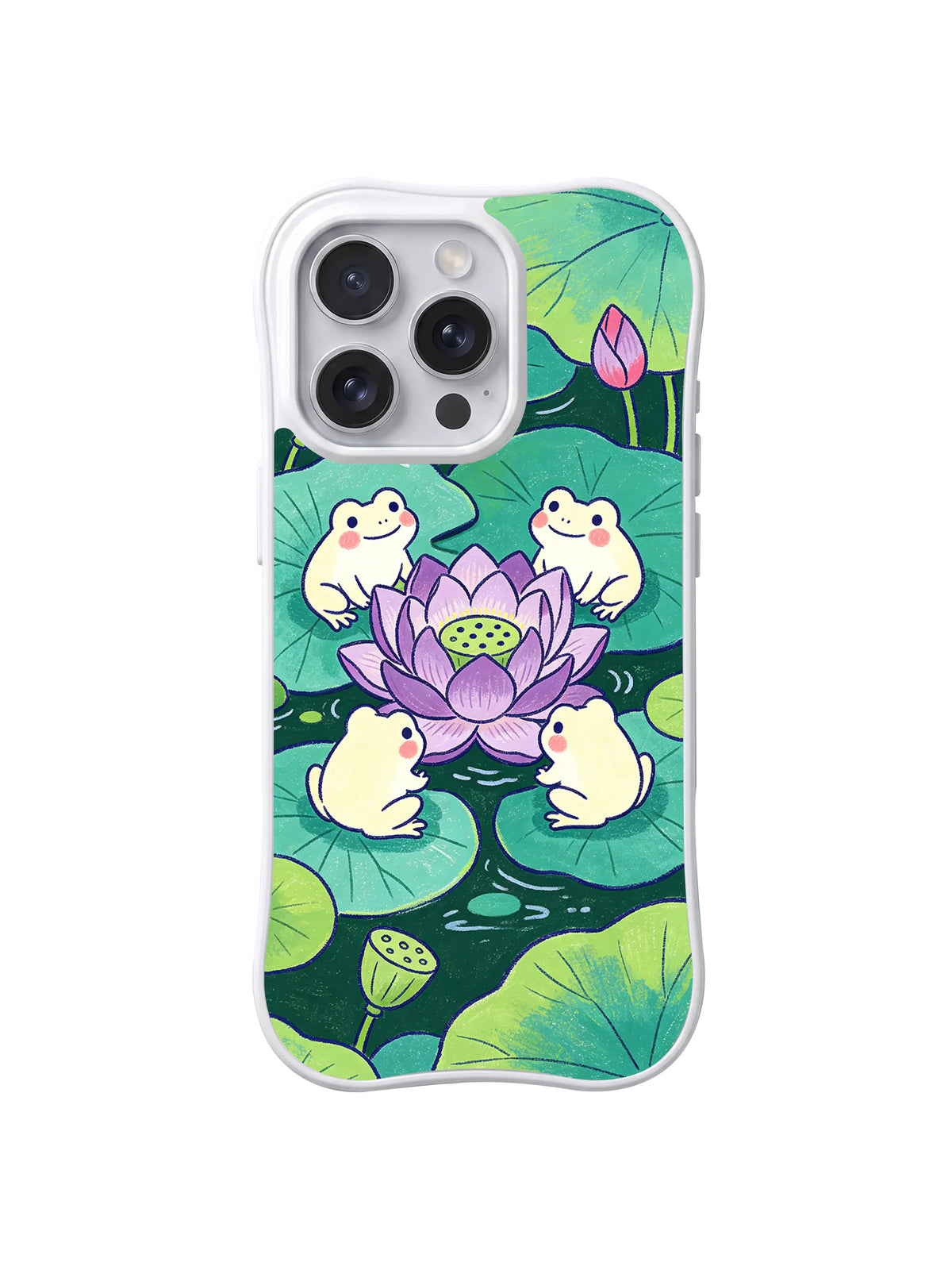 Lotus Pond Frog Circle: Four pale frogs gather around a purple lotus flower between broad green leaves.