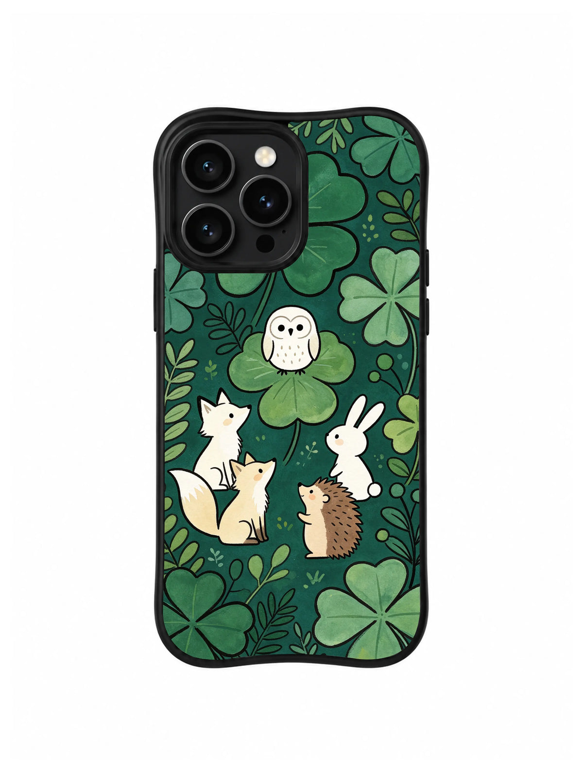 Woodland Clover Council: An owl, fox, deer, rabbit and hedgehog gather among dark green clover leaves.