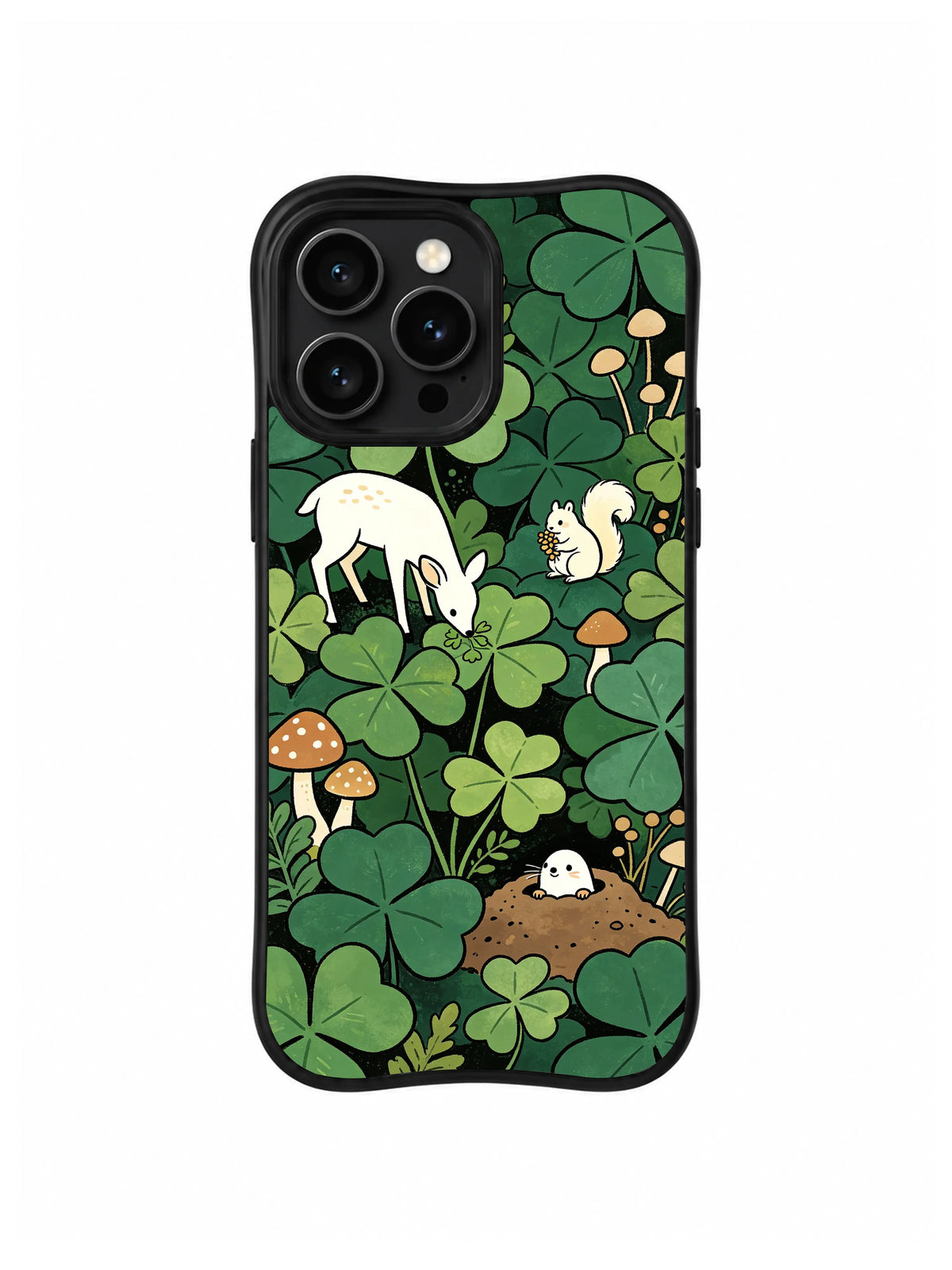 Deer Squirrel Clover Trail: A pale deer and squirrel appear among clover, mushrooms and tiny woodland creatures.