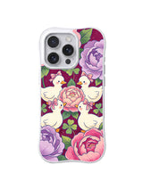 Ribbon Duckling Flower Circle: Four white ducklings form a circle around a pink flower among ribbons and layered blooms.
