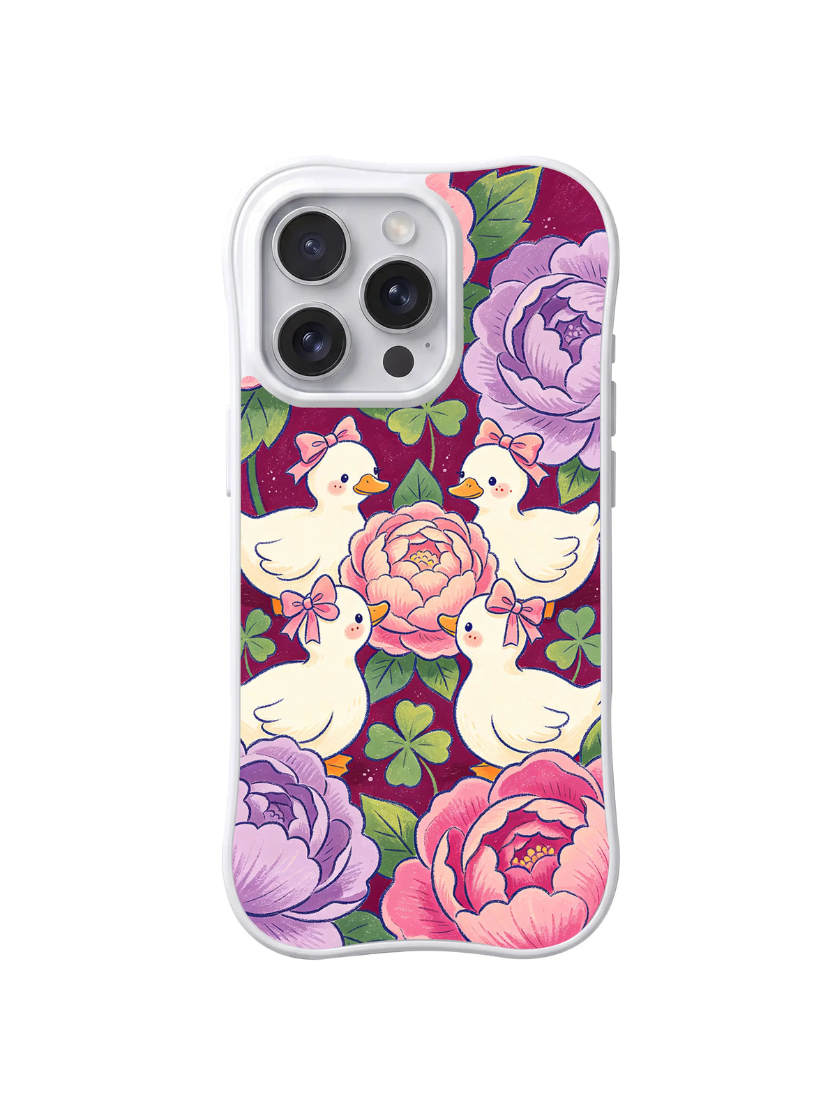 Ribbon Duckling Flower Circle: Four white ducklings form a circle around a pink flower among ribbons and layered blooms.