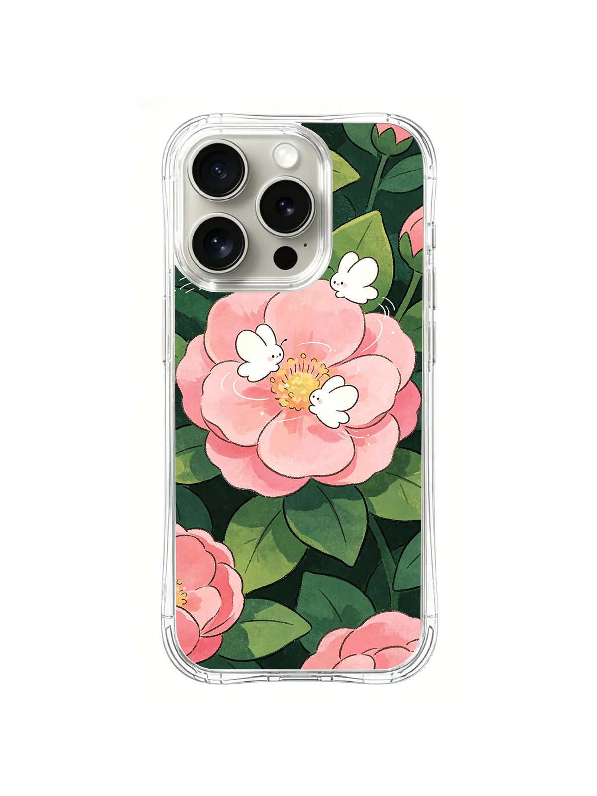 Rose Garden Butterfly Gathering: White butterflies gather around large layered pink flowers.