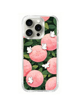Pink Pom-Pom Butterfly Flight: White butterflies fly among round pink pom-pom flowers and dark leaves.