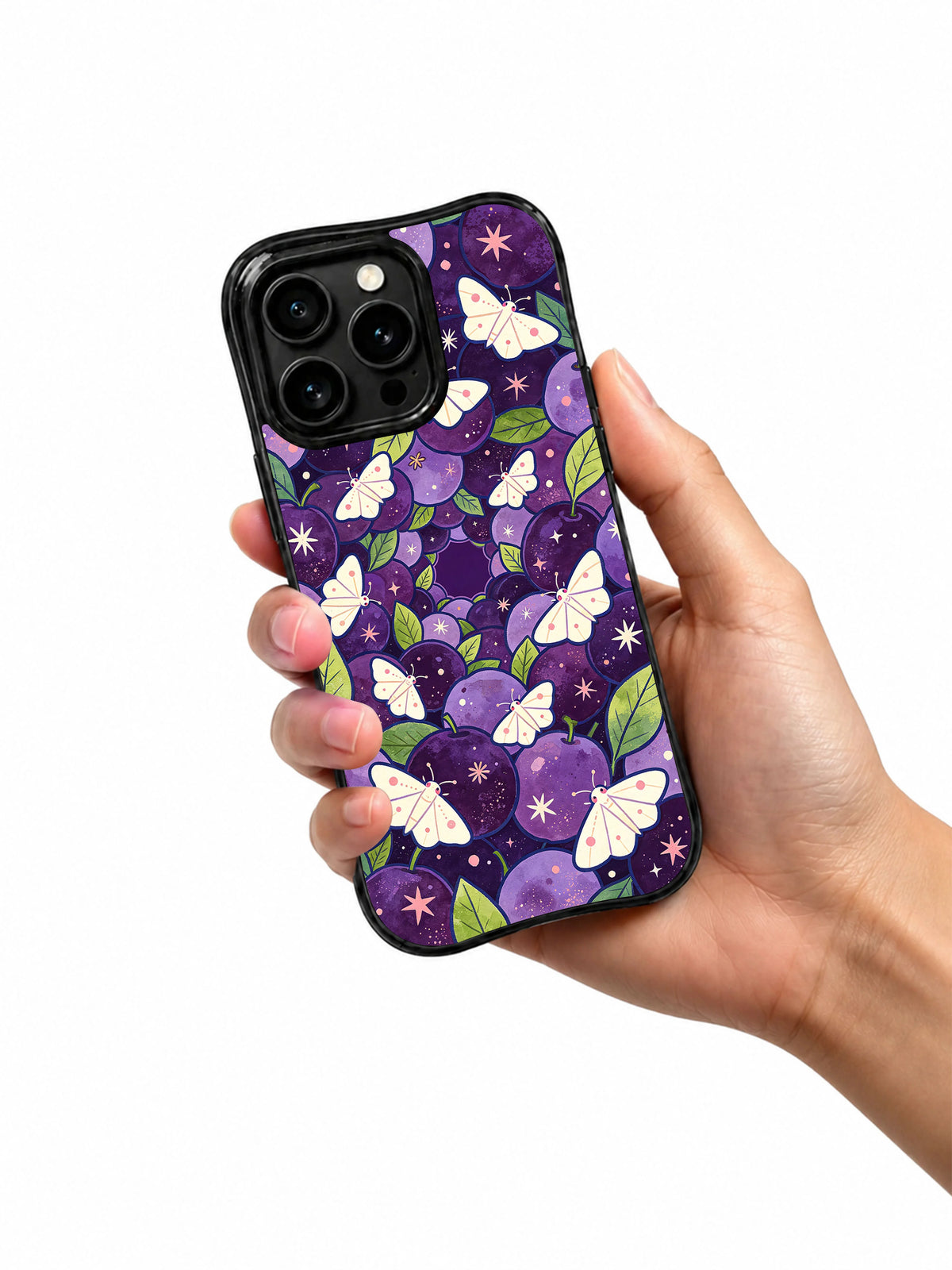 Product or handheld view of the Plum Star Moth Dreamers case